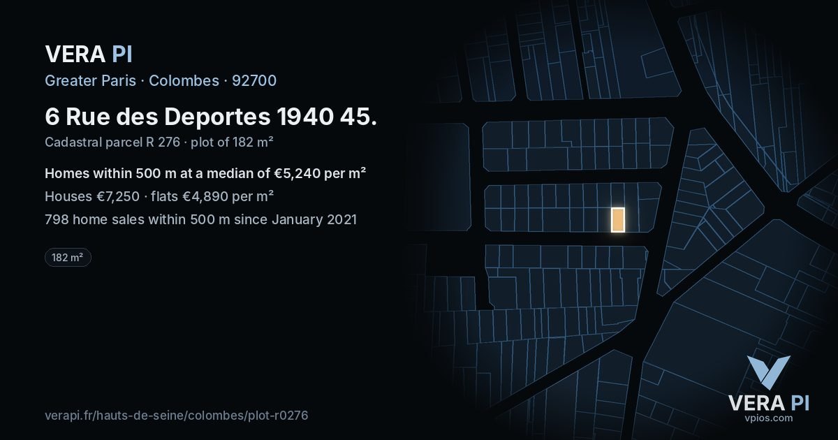 6 Rue des Deportes 1940 45, Colombes at night – the plot lit, the parcels around coloured by the prices near them