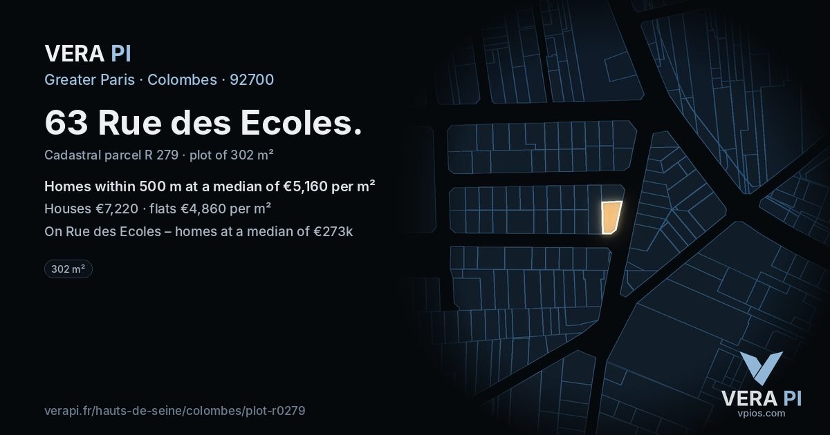 63 Rue des Ecoles, Colombes at night – the plot lit, the parcels around coloured by the prices near them
