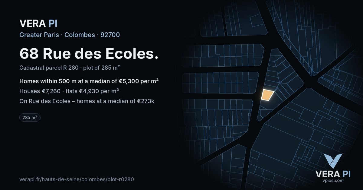 68 Rue des Ecoles, Colombes at night – the plot lit, the parcels around coloured by the prices near them
