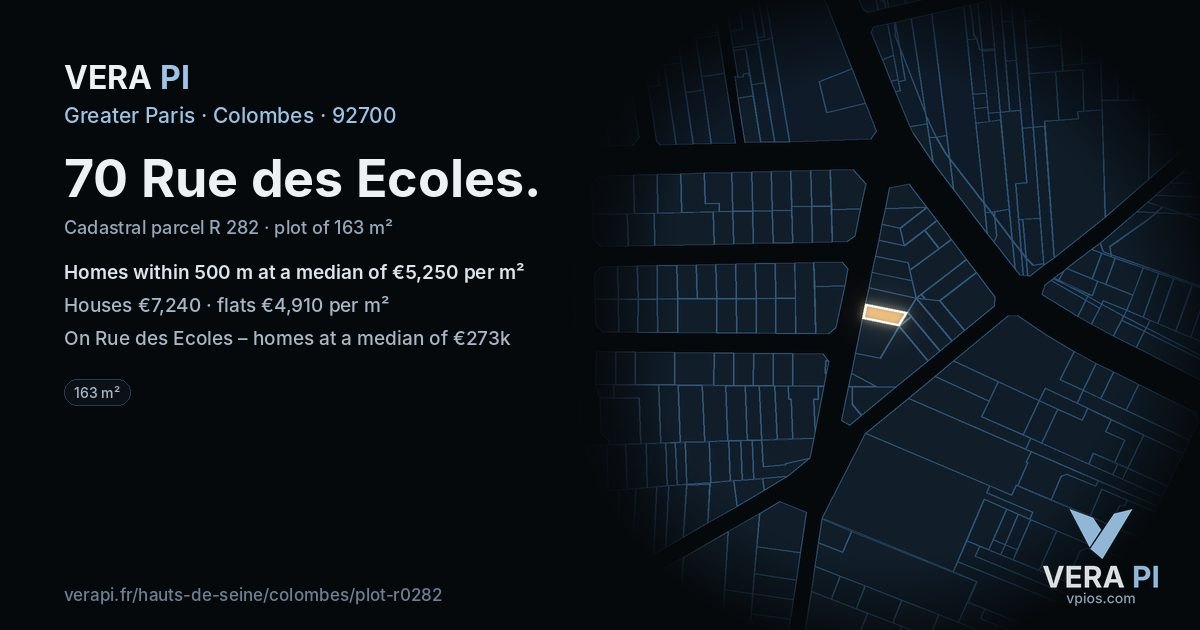 70 Rue des Ecoles, Colombes at night – the plot lit, the parcels around coloured by the prices near them