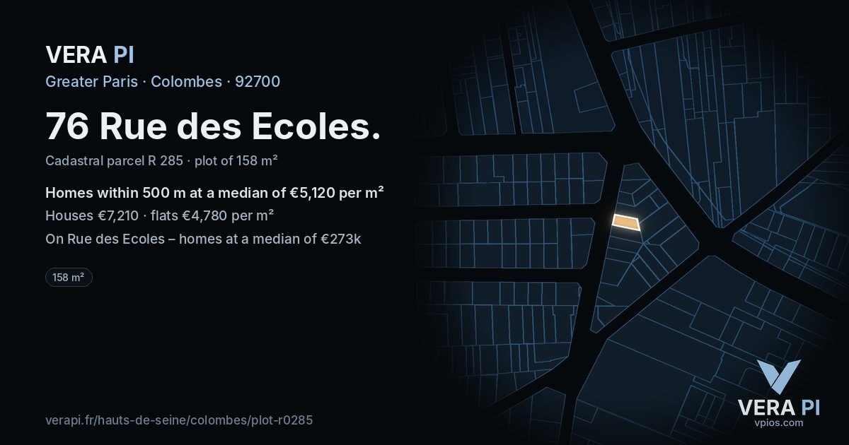 76 Rue des Ecoles, Colombes at night – the plot lit, the parcels around coloured by the prices near them
