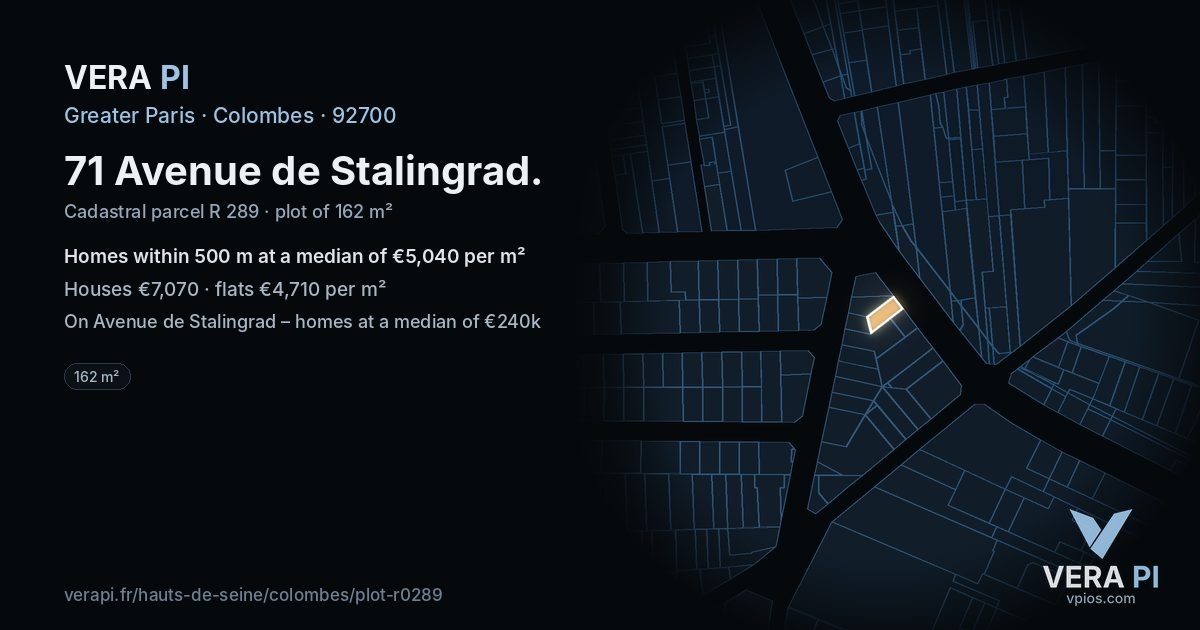 71 Avenue de Stalingrad, Colombes at night – the plot lit, the parcels around coloured by the prices near them