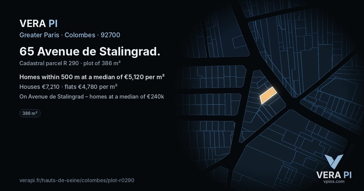 65 Avenue de Stalingrad, Colombes at night – the plot lit, the parcels around coloured by the prices near them