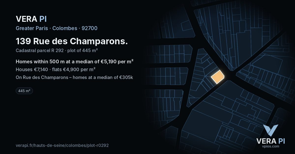 139 Rue des Champarons, Colombes at night – the plot lit, the parcels around coloured by the prices near them