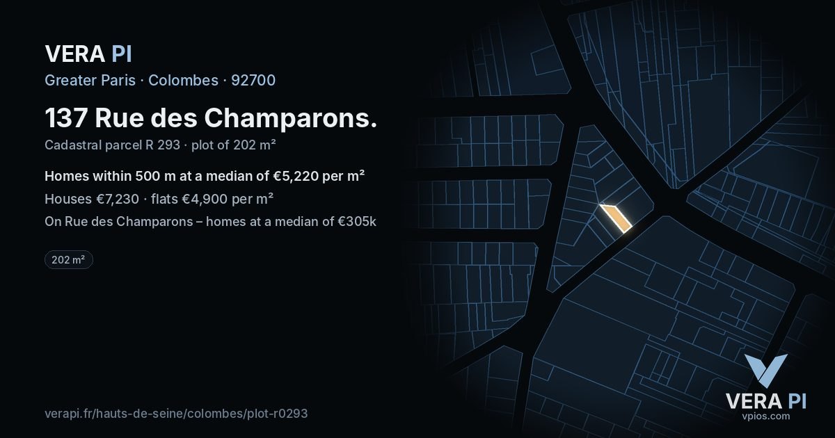 137 Rue des Champarons, Colombes at night – the plot lit, the parcels around coloured by the prices near them