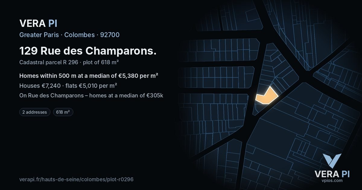 129 Rue des Champarons, Colombes at night – the plot lit, the parcels around coloured by the prices near them