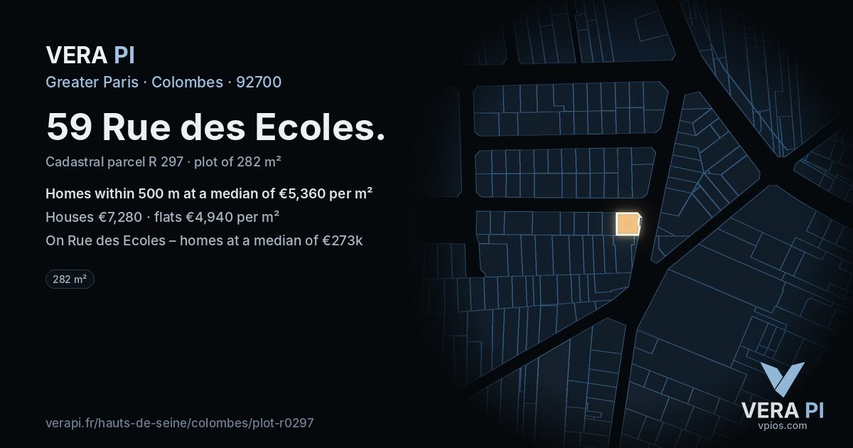 59 Rue des Ecoles, Colombes at night – the plot lit, the parcels around coloured by the prices near them