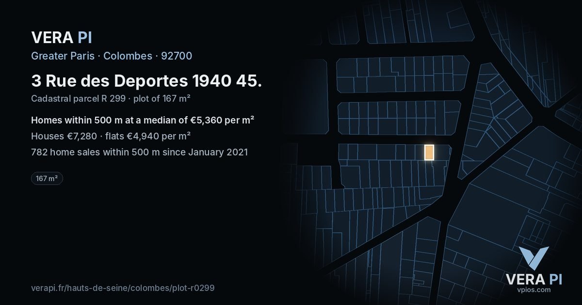 3 Rue des Deportes 1940 45, Colombes at night – the plot lit, the parcels around coloured by the prices near them