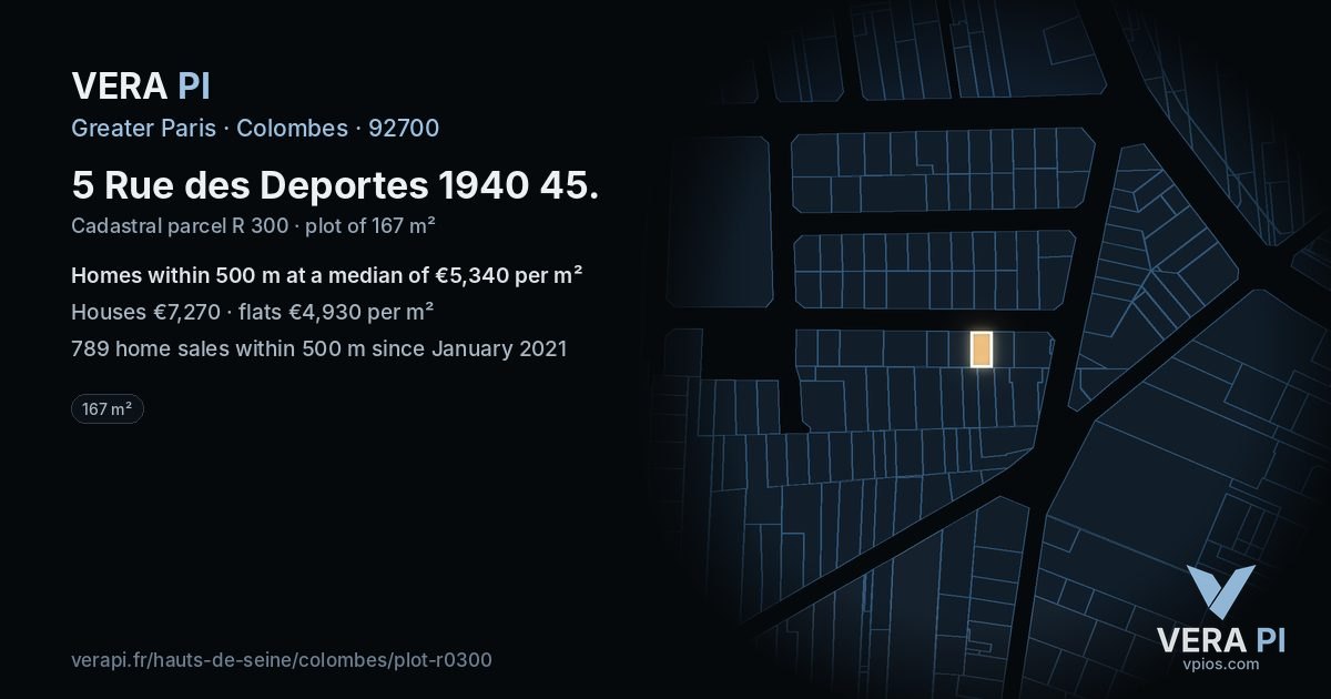 5 Rue des Deportes 1940 45, Colombes at night – the plot lit, the parcels around coloured by the prices near them