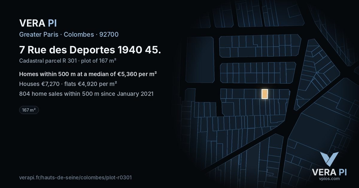 7 Rue des Deportes 1940 45, Colombes at night – the plot lit, the parcels around coloured by the prices near them