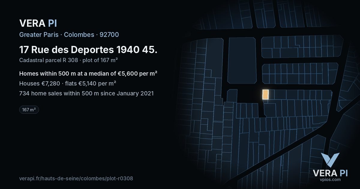 17 Rue des Deportes 1940 45, Colombes at night – the plot lit, the parcels around coloured by the prices near them