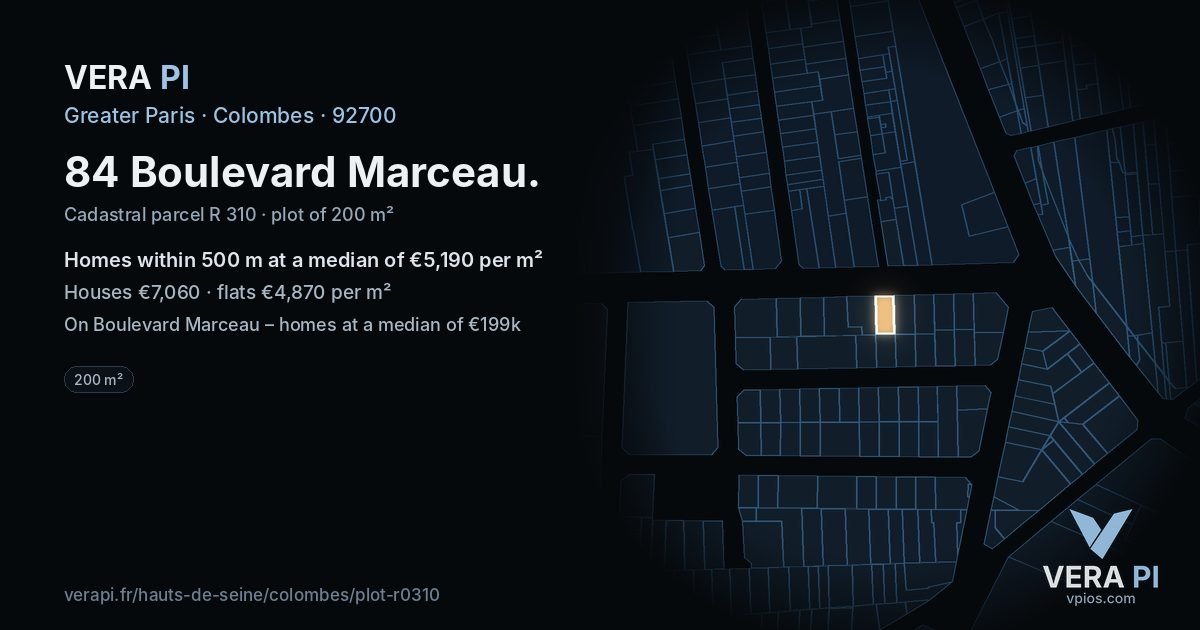 84 Boulevard Marceau, Colombes at night – the plot lit, the parcels around coloured by the prices near them