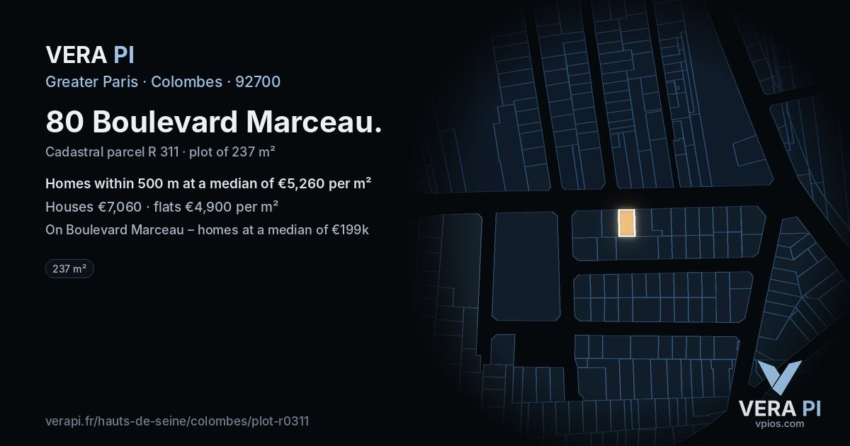 80 Boulevard Marceau, Colombes at night – the plot lit, the parcels around coloured by the prices near them
