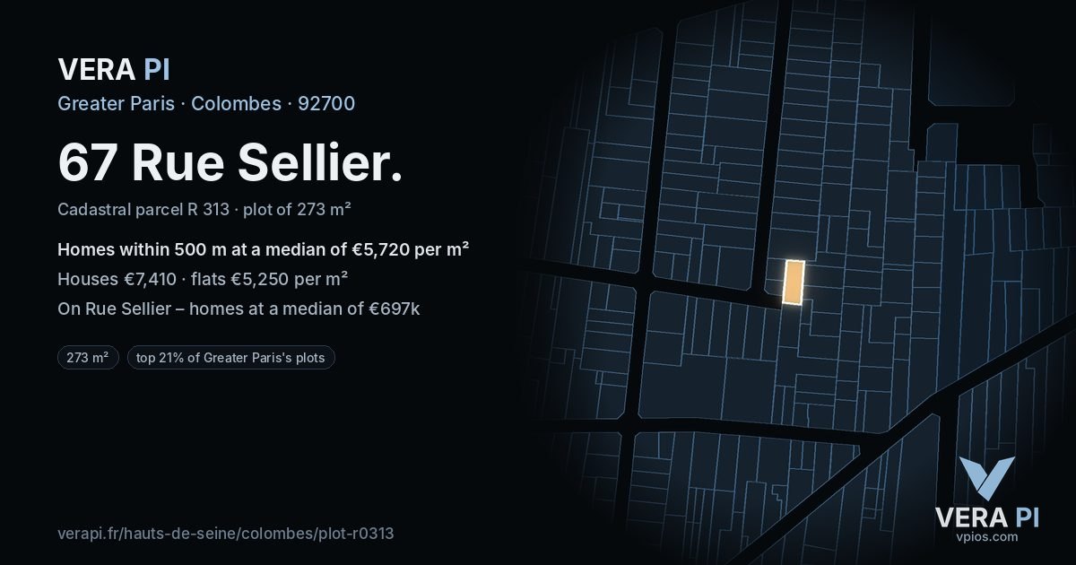 67 Rue Sellier, Colombes at night – the plot lit, the parcels around coloured by the prices near them