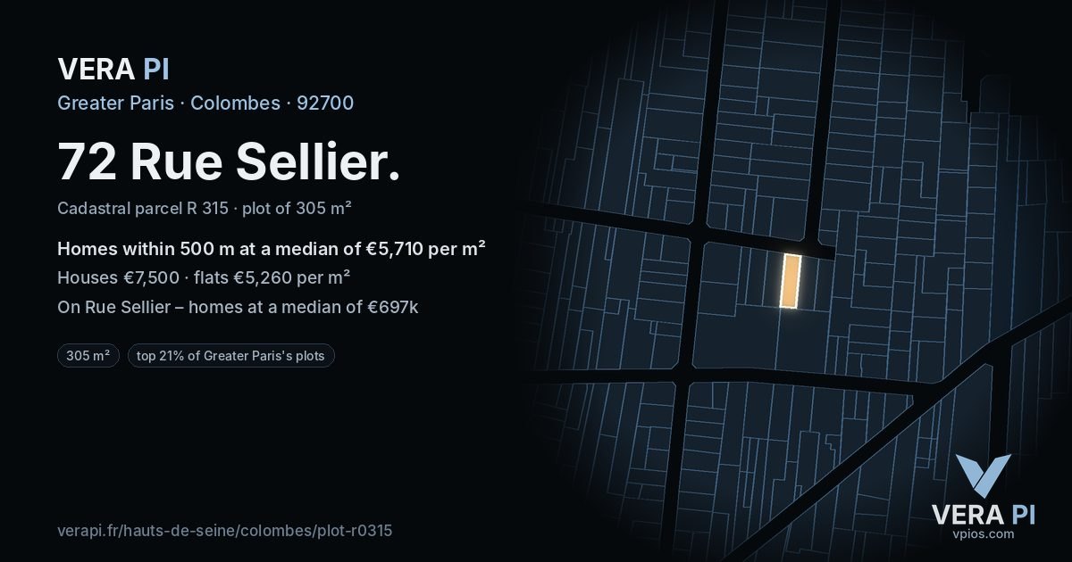 72 Rue Sellier, Colombes at night – the plot lit, the parcels around coloured by the prices near them