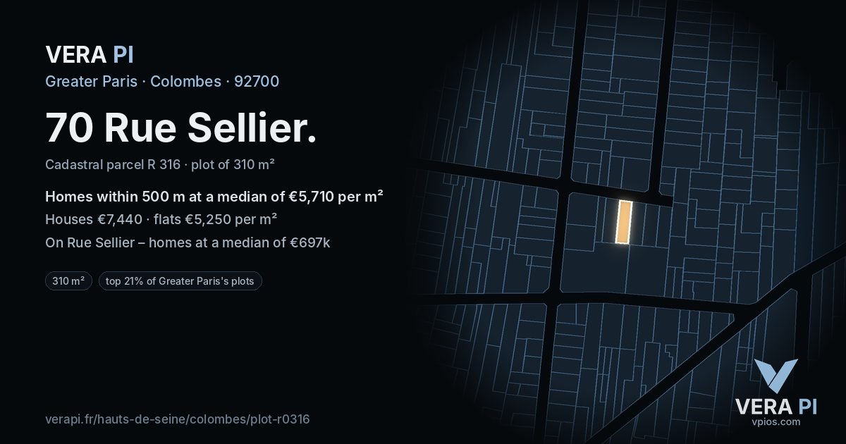 70 Rue Sellier, Colombes at night – the plot lit, the parcels around coloured by the prices near them