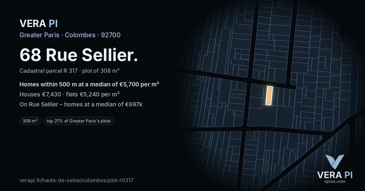 68 Rue Sellier, Colombes at night – the plot lit, the parcels around coloured by the prices near them