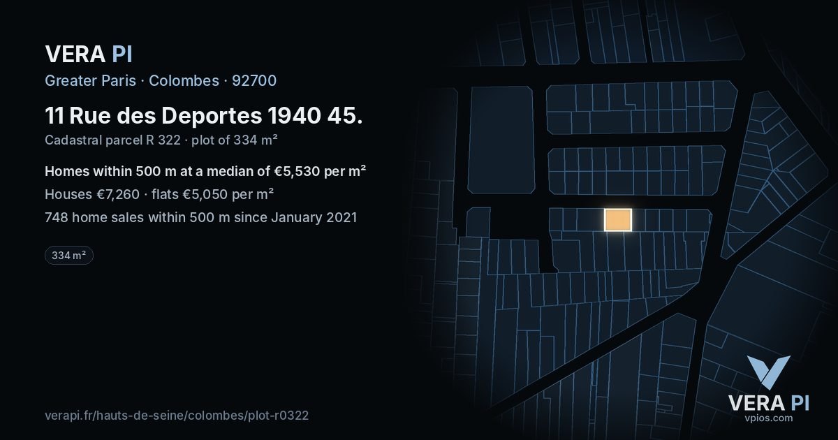 11 Rue des Deportes 1940 45, Colombes at night – the plot lit, the parcels around coloured by the prices near them