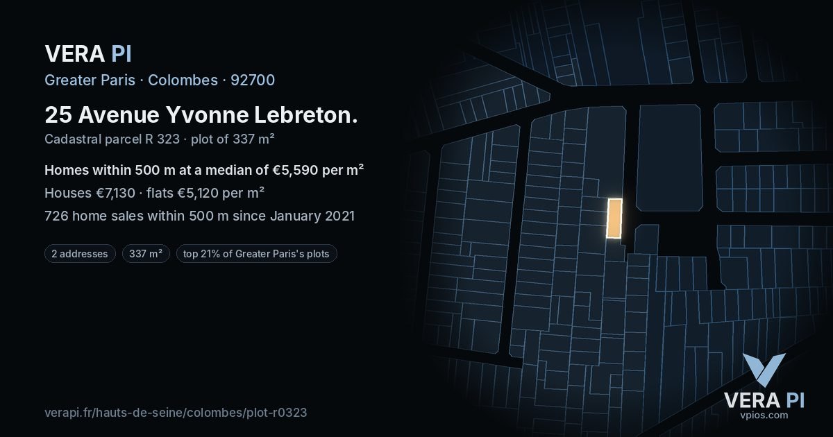 25 Avenue Yvonne Lebreton, Colombes at night – the plot lit, the parcels around coloured by the prices near them