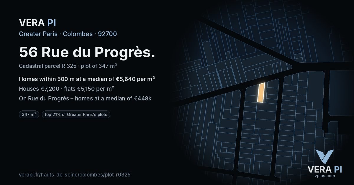 56 Rue du Progrès, Colombes at night – the plot lit, the parcels around coloured by the prices near them