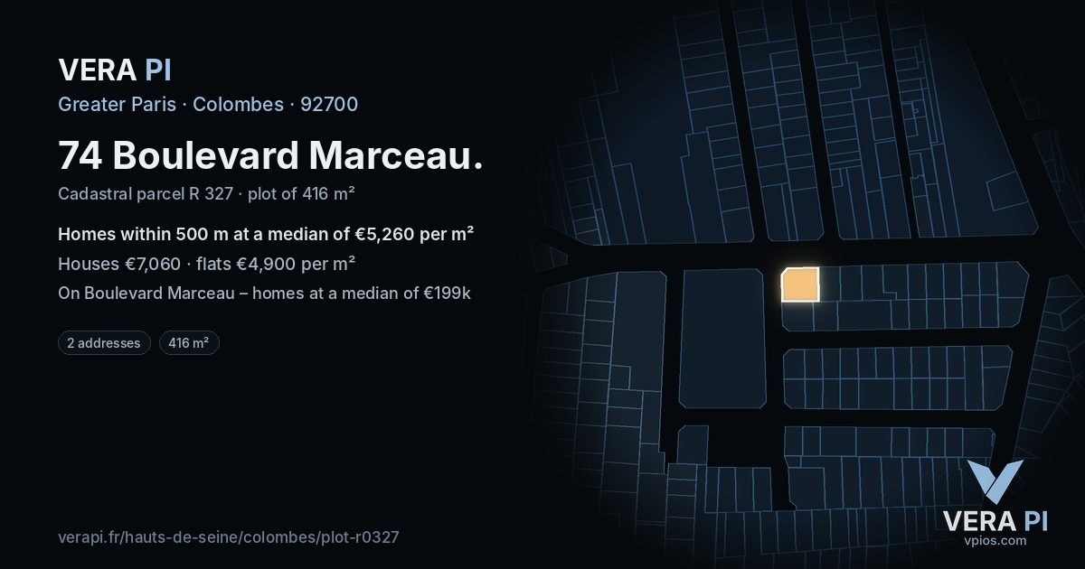74 Boulevard Marceau, Colombes at night – the plot lit, the parcels around coloured by the prices near them