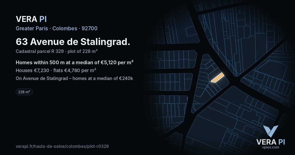 63 Avenue de Stalingrad, Colombes at night – the plot lit, the parcels around coloured by the prices near them