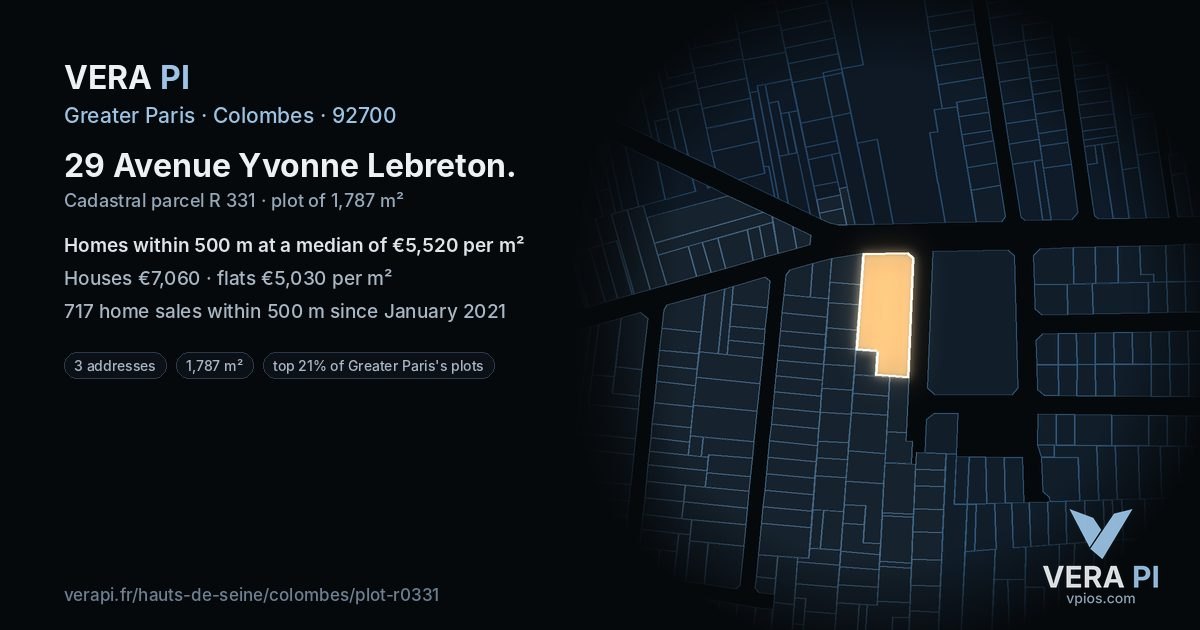 29 Avenue Yvonne Lebreton, Colombes at night – the plot lit, the parcels around coloured by the prices near them