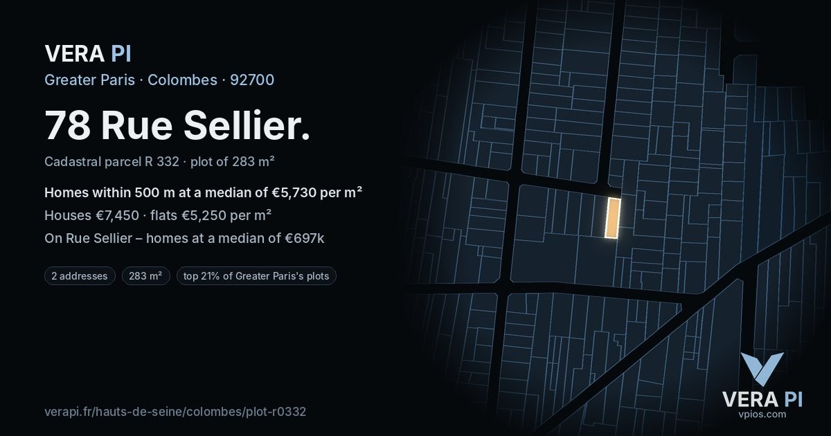 78 Rue Sellier, Colombes at night – the plot lit, the parcels around coloured by the prices near them