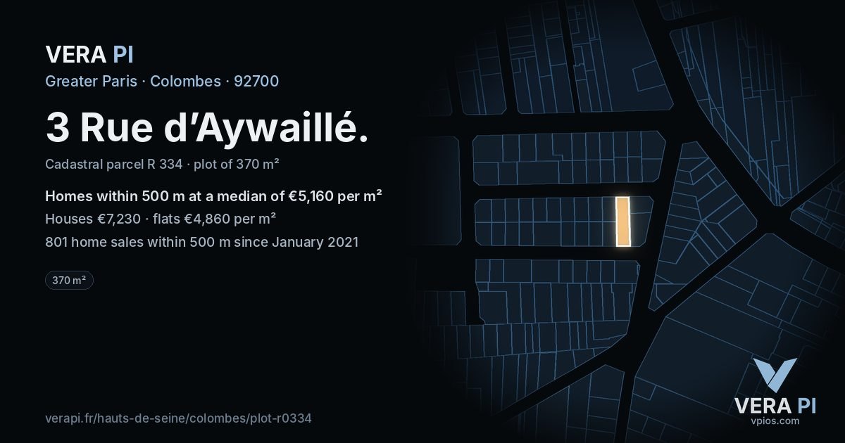 3 Rue d’Aywaillé, Colombes at night – the plot lit, the parcels around coloured by the prices near them