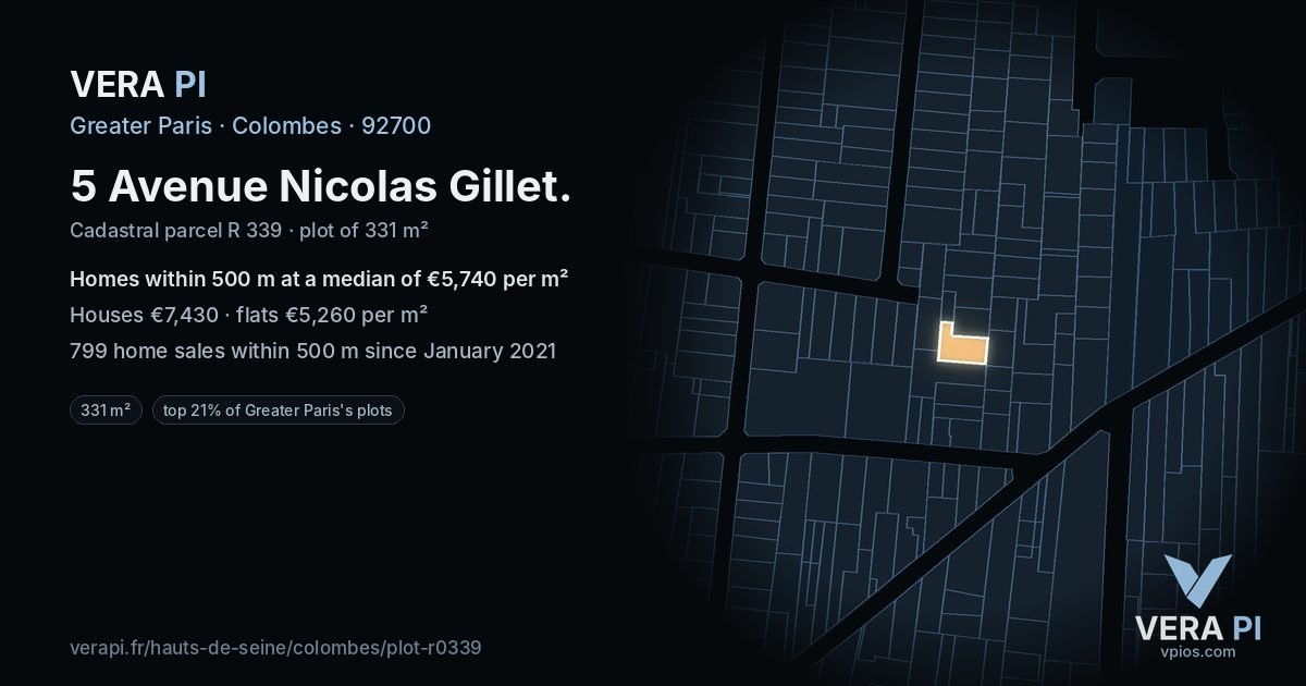 5 Avenue Nicolas Gillet, Colombes at night – the plot lit, the parcels around coloured by the prices near them