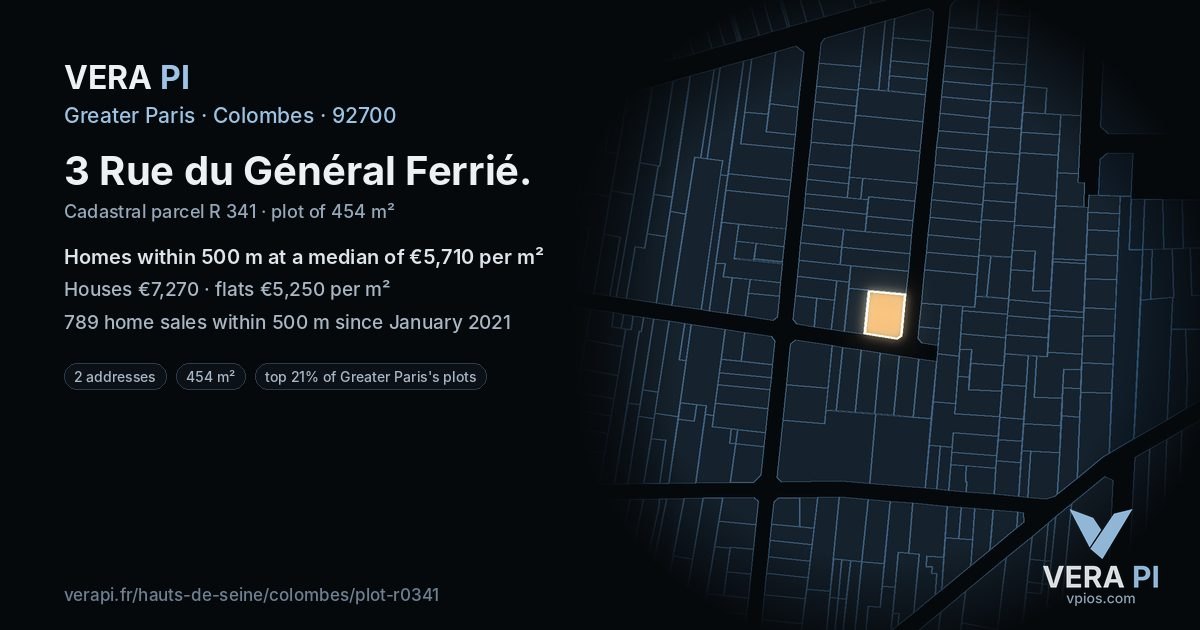 3 Rue du Général Ferrié, Colombes at night – the plot lit, the parcels around coloured by the prices near them