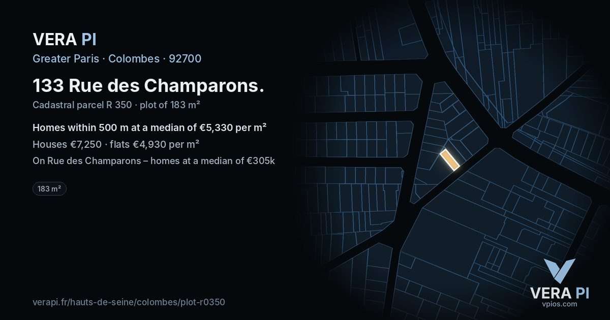 133 Rue des Champarons, Colombes at night – the plot lit, the parcels around coloured by the prices near them