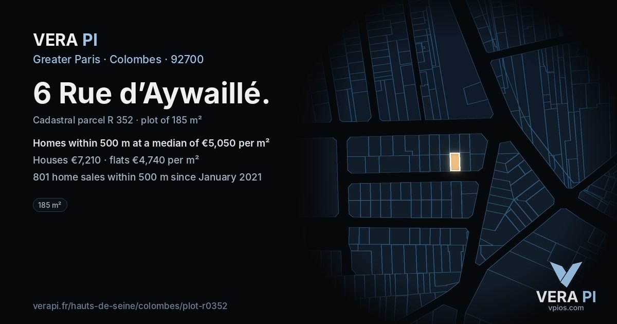 6 Rue d’Aywaillé, Colombes at night – the plot lit, the parcels around coloured by the prices near them