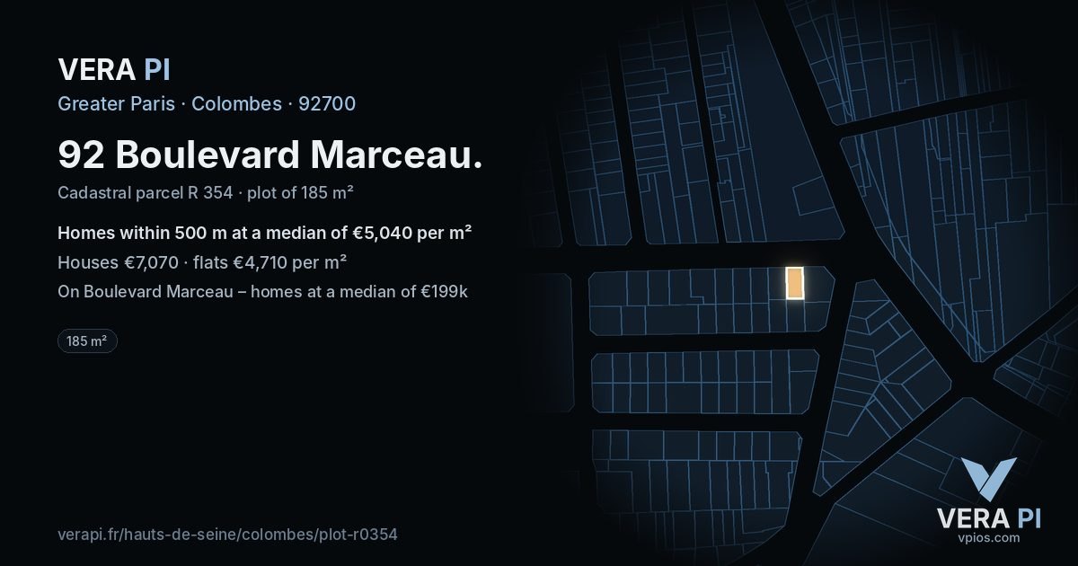 92 Boulevard Marceau, Colombes at night – the plot lit, the parcels around coloured by the prices near them