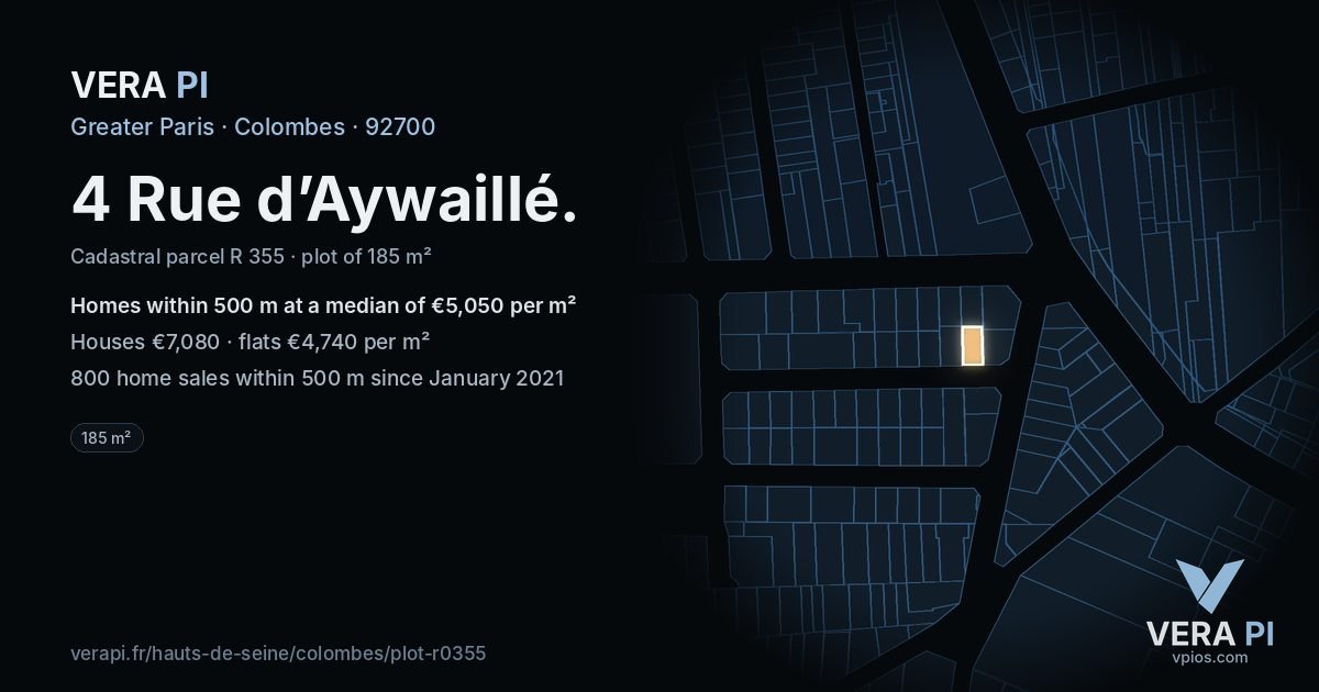 4 Rue d’Aywaillé, Colombes at night – the plot lit, the parcels around coloured by the prices near them