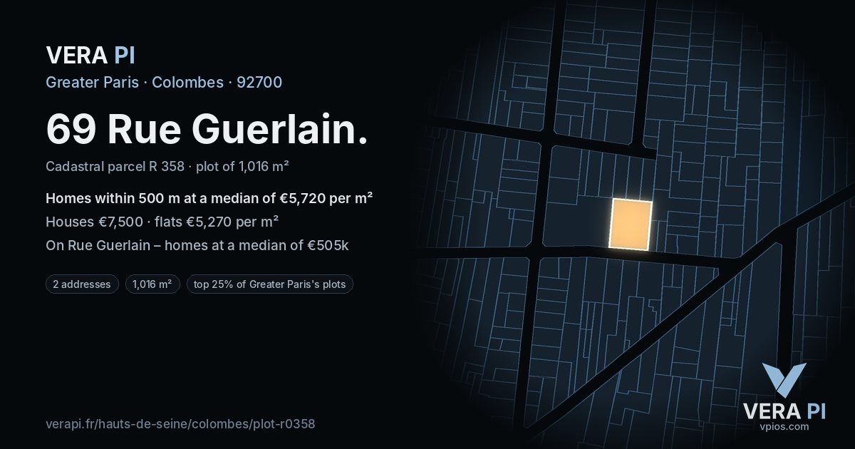 69 Rue Guerlain, Colombes at night – the plot lit, the parcels around coloured by the prices near them