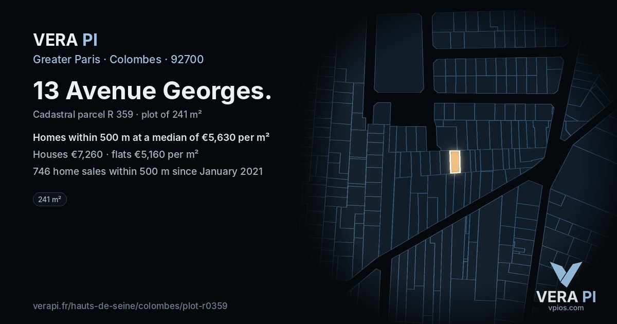 13 Avenue Georges, Colombes at night – the plot lit, the parcels around coloured by the prices near them