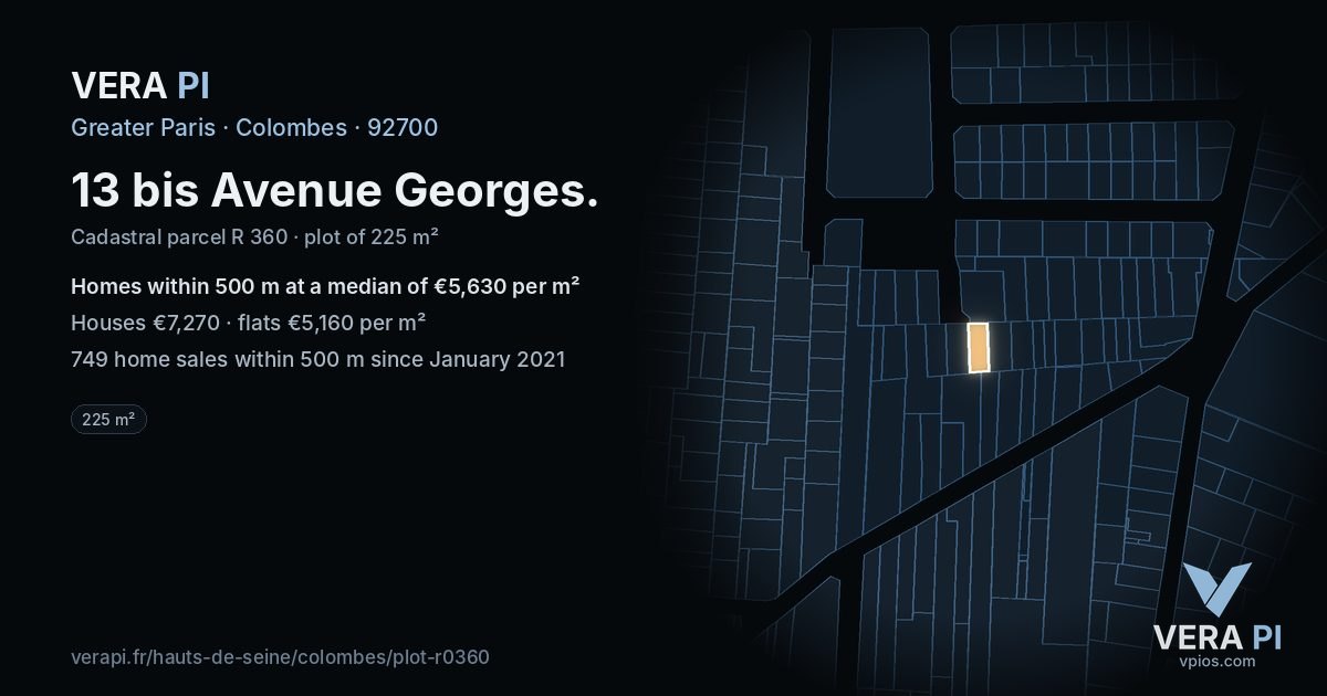 13 bis Avenue Georges, Colombes at night – the plot lit, the parcels around coloured by the prices near them