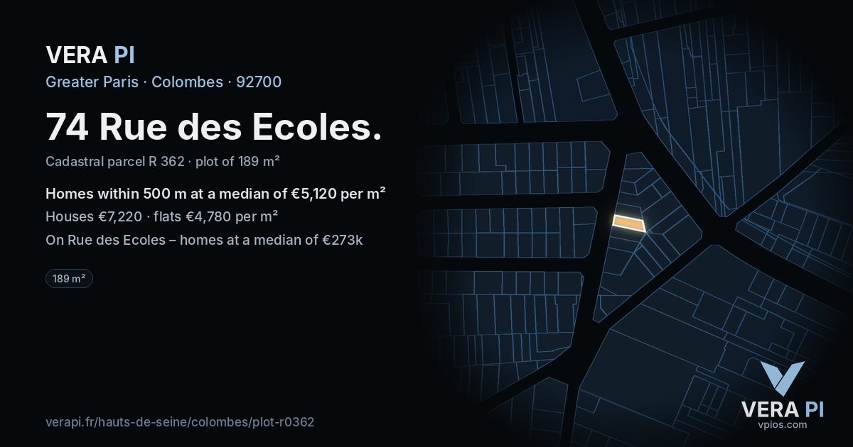 74 Rue des Ecoles, Colombes at night – the plot lit, the parcels around coloured by the prices near them