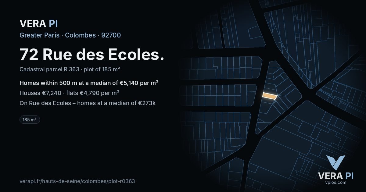 72 Rue des Ecoles, Colombes at night – the plot lit, the parcels around coloured by the prices near them