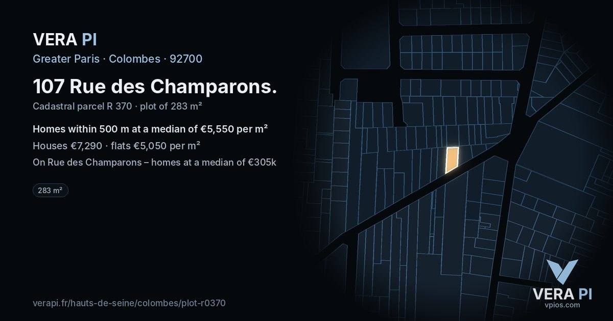 107 Rue des Champarons, Colombes at night – the plot lit, the parcels around coloured by the prices near them
