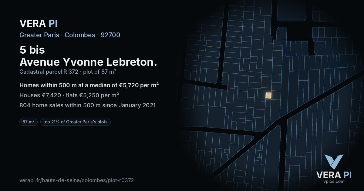 5 bis Avenue Yvonne Lebreton, Colombes at night – the plot lit, the parcels around coloured by the prices near them