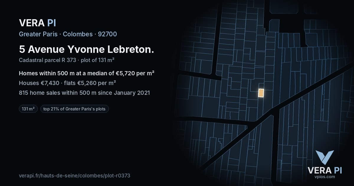 5 Avenue Yvonne Lebreton, Colombes at night – the plot lit, the parcels around coloured by the prices near them