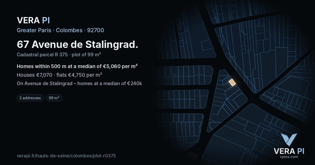 67 Avenue de Stalingrad, Colombes at night – the plot lit, the parcels around coloured by the prices near them