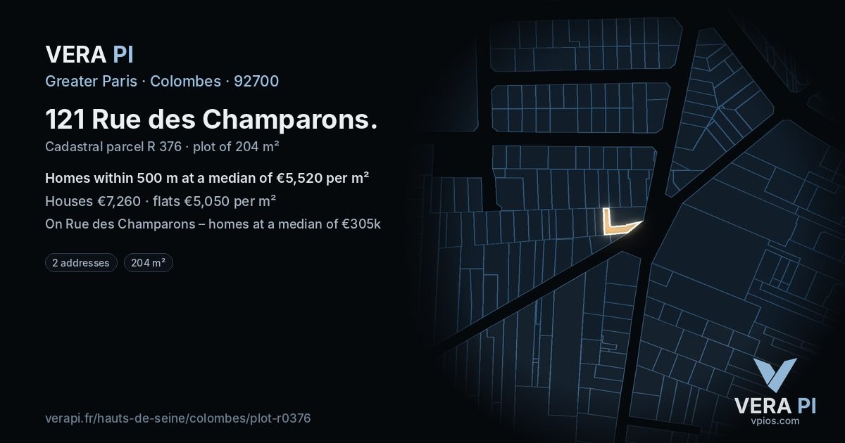 121 Rue des Champarons, Colombes at night – the plot lit, the parcels around coloured by the prices near them