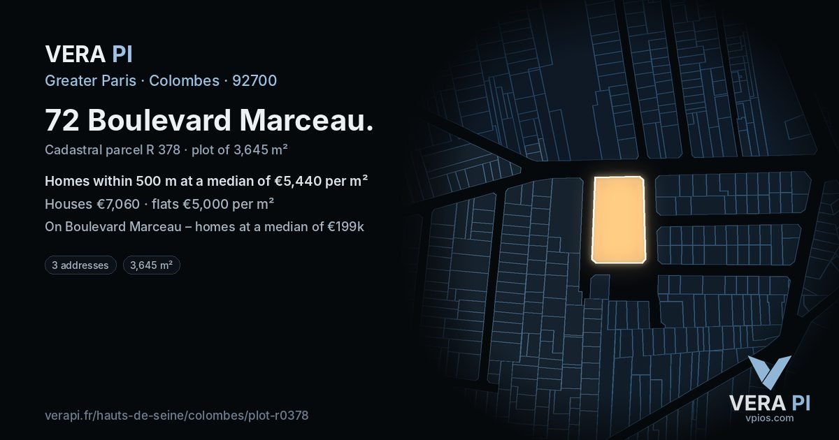 72 Boulevard Marceau, Colombes at night – the plot lit, the parcels around coloured by the prices near them