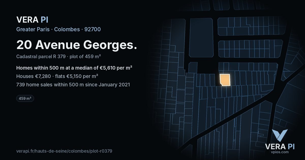 20 Avenue Georges, Colombes at night – the plot lit, the parcels around coloured by the prices near them