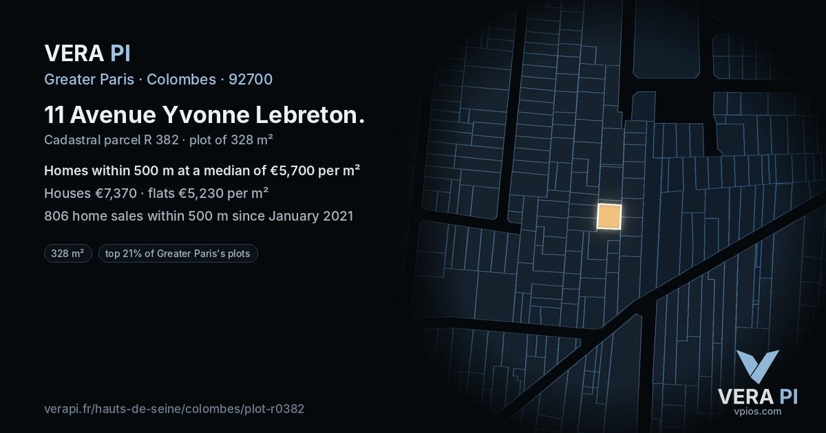 11 Avenue Yvonne Lebreton, Colombes at night – the plot lit, the parcels around coloured by the prices near them