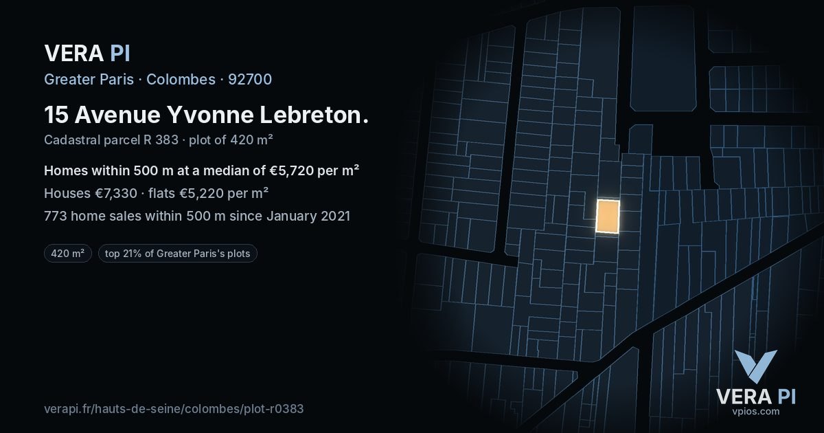 15 Avenue Yvonne Lebreton, Colombes at night – the plot lit, the parcels around coloured by the prices near them