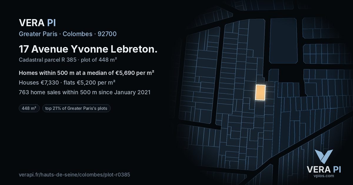 17 Avenue Yvonne Lebreton, Colombes at night – the plot lit, the parcels around coloured by the prices near them